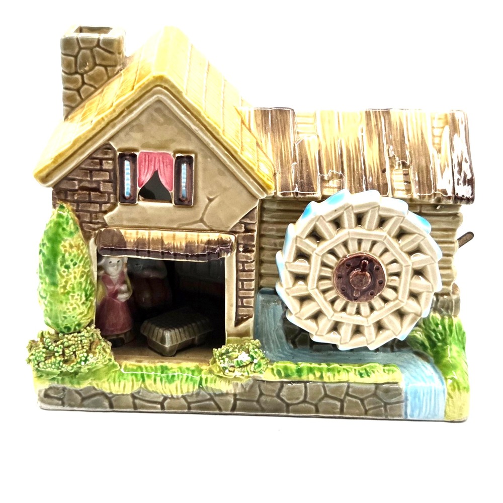VINTAGE Old Mill Music Box Porcelain Cottage Water Wheel Dutch Couple LISTEN